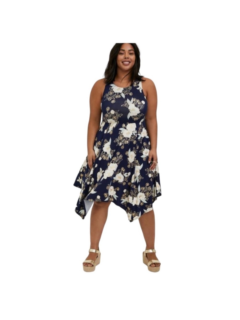 Torrid Super Soft Blue/Gold Floral Sleeveless Jersey Midi Dress Size 1